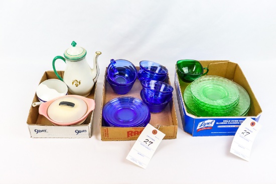 (3) Flats Of Misc. Green Glassware; Cobalt Blue Cup & Saucer Set; Misc.