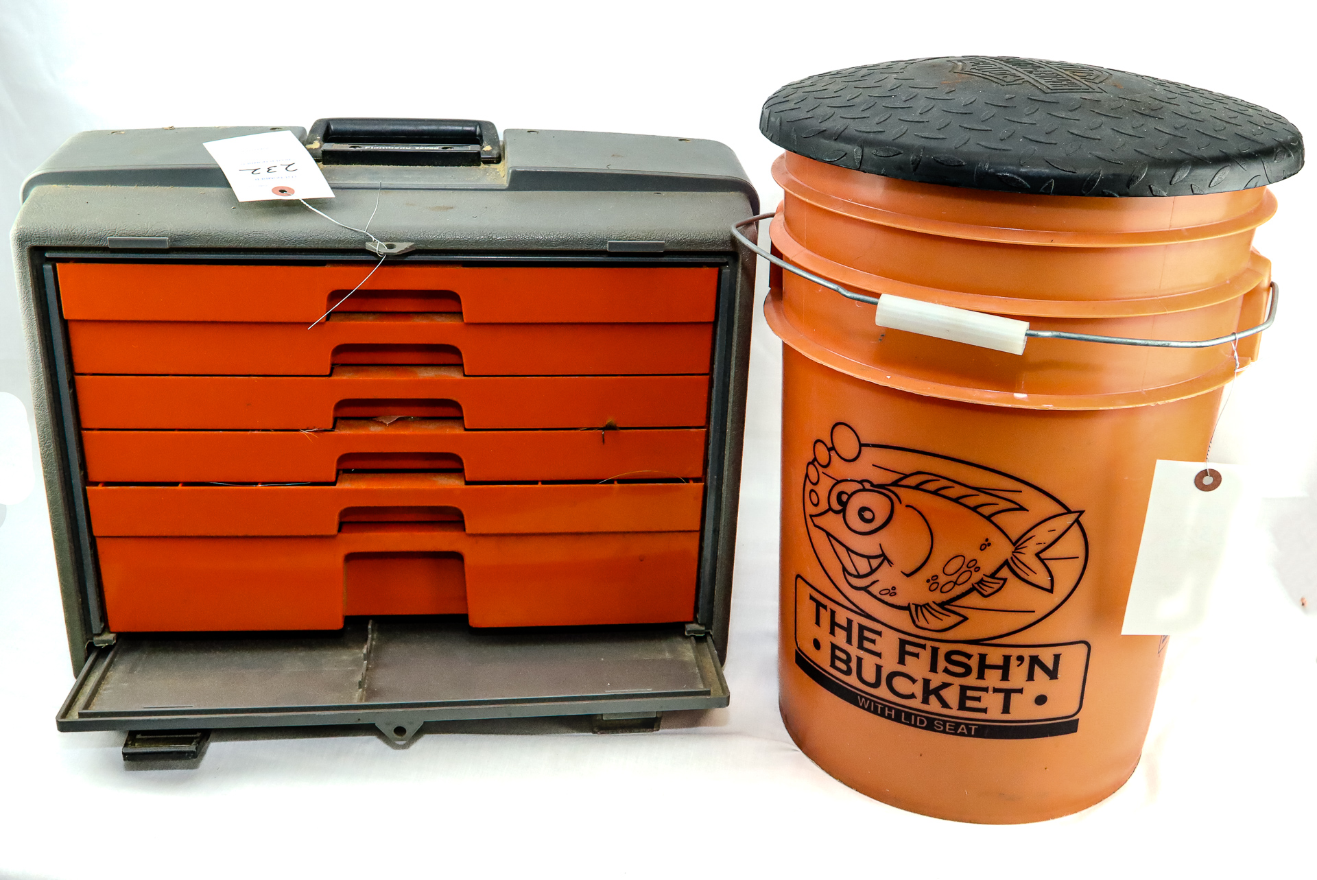 Orange Fish Bucket; Tackle Box Of Misc. Fishing