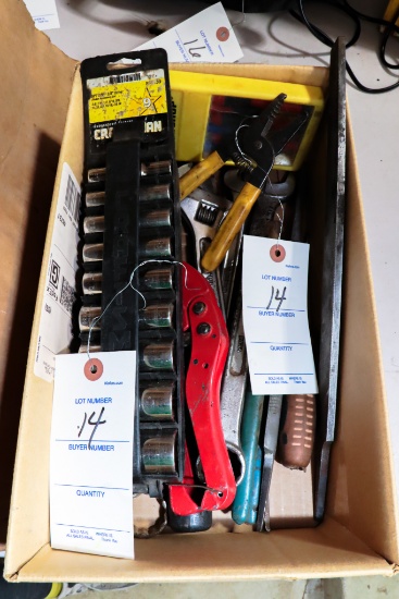 Box Of Assorted Tools Consisting Of; Screw Drivers, Adjustable Wrench, Craftsman 3/8"