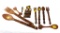 (10) Carved Wood Utensils With (4) Souvenir Spoons