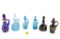 (6) Cruets - (1) Mid-Century Hand Blown Blue/Teal; (1) Art Glass Blue White Confetti;