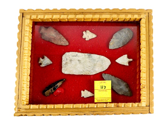 Native American Indian - Folk Art Frame With 9 Arrowheads