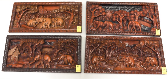 Wood Carving - (4) Malaysian Elephant Motif Wall Decor