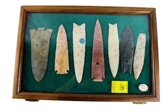 Native American Indian - Wood Case Of 6 Large Points