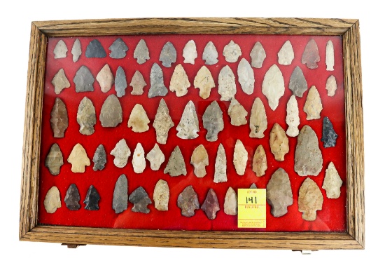 Native American Indian - Wood Case Of 63 Arrowheads