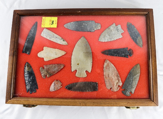 Native American Indian - Wood Case Of 14 Large Points