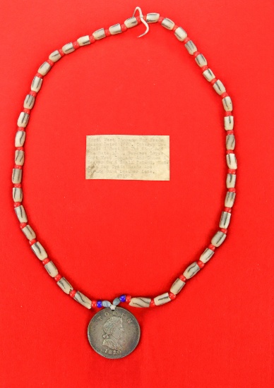 Native American Indian - Fur Trade Token With Trade Bead Necklace