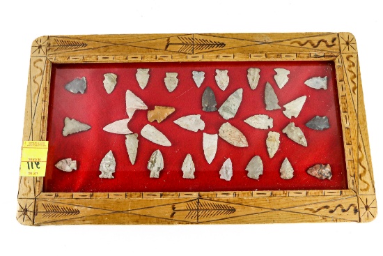 Native American Indian - Folk Art Wood Frame With 34 Arrowheads