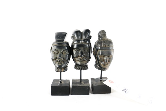 (3) Carved Wood Oriental Warrior Busts