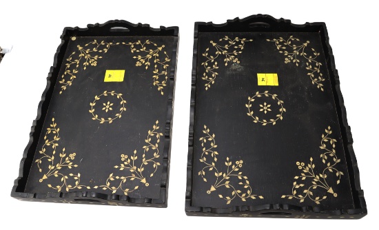 Wood Carving - (2) Ornate Inlaid Coffee/tea Serving Trays