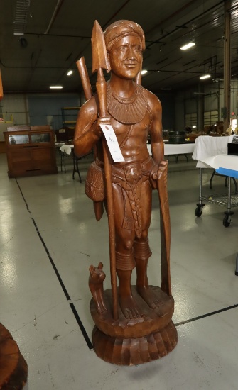 Wood Carving - 48" African Warrior With Dog Statue