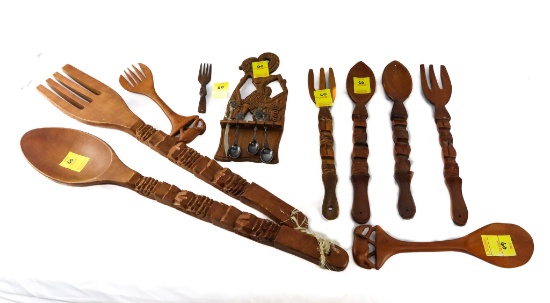 (10) Carved Wood Utensils With (4) Souvenir Spoons