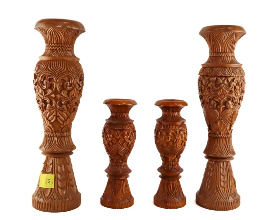 (4) Wood Carved Vases
