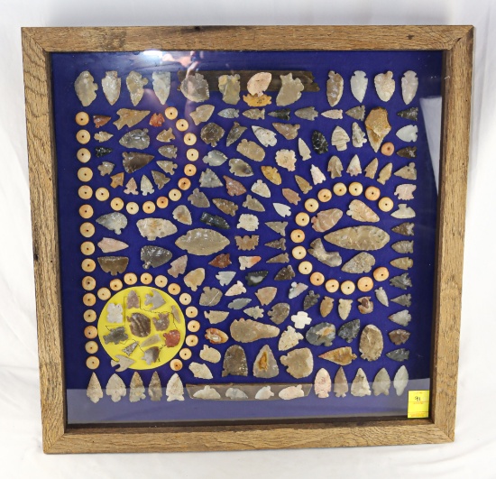 Native American Indian - Phenomenal Huge Frame Of Arrowheads, Etc.