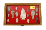 Native American Indian - Wood Case Of 15 Arrowheads