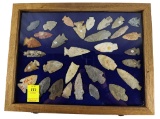 Native American Indian - Wood Case Of 32 Arrowheads
