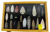 Native American Indian - Wood Case Of 21 Large Points