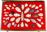 Native American Indian - Wood Case Of 45 Arrowheads