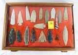 Native American Indian - Wood Case Of 19 Large Points