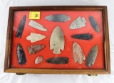Native American Indian - Wood Case Of 14 Large Points