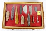Native American Indian - Wood Case Of 11 Large Drills And Points
