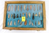 Native American Indian - Wood Case Of 34 Arrowheads And Drills