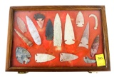 Native American Indian - (16) Large Arrowheads In Wood Case