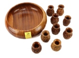 Wood Carving - Fruit Bowl With (9) Juice Cups