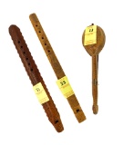 Wood Carving - (3) Flutes And Stringed Instrument