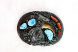 Native American Indian - Sterling Silver, Turquoise, Grizzly Bear Belt Buckle