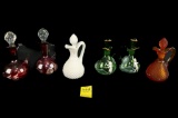 (6) Cruets - (2) Ruby Red Etched w/Clear Stopper; (2) Mary Gregory Emerald Green;
