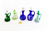 (5) Cruets - (1) Cobalt Blue Wheel Etched w/Clear Handle; (1) Hand Painted Cobalt Blue;