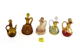 (5) Cruets - (1) Imperial Glass Amber;(1) Dark Amber Glass; (1) Gold & Green Glass;