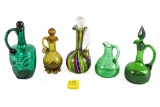 (5) Cruets - (1) Amber Blown Glass; (1) Green Glass; (1) Emerald Green;