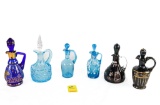 (6) Cruets - (1) Mid-Century Hand Blown Blue/Teal; (1) Art Glass Blue White Confetti;