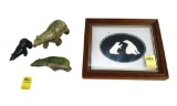 (3) Stone Polar Bear Figurines; Framed & Matted Polar Bear Momma w/Club
