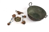 Hammered Copper-Silver Bowl; (2) Decorative Bells; Coin Ashtray Acapulco; Copper Fingerhold Oil Lamp