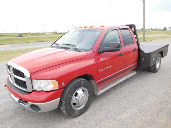 2005 DODGE 3500 CREW CAB, DUALLY, AUTO, CUMMINS DSL., W/FLATBED, SHOWS 243,