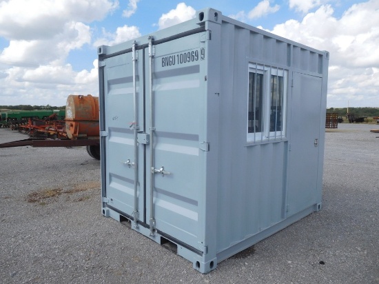 9' METAL STORGE CONTAINER, WINDOW, MAIN DOOR, LOCK BOX, FORKLIFT POCKETS