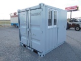 8' METAL STORGE CONTAINER, WINDOW, 2 DOORS, LOCK BOX, FORKLIFT POCKETS