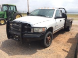 2005 DODGE RAM 3500 I T. PICKUP, CREW CAB, MANUAL 6 SPEED W/DEWEZE 578 HYD. BALE BED