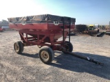 J & M 4 WHEEL GRAVITY WAGON, FITTED TARP, 170 BU.