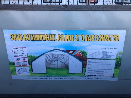 30' X 70' X 16' STRAIGHT WALL PEAK SHELTER, 13' X 13' DRIVE THROUGH DOOR