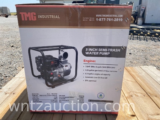TMG 3" SEMI-TRASH WATER PUMP, 6.5 HP, GAS, UNUSED