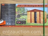 TMG 11' X 12' WOODGRAIN METAL SHED, UNUSED