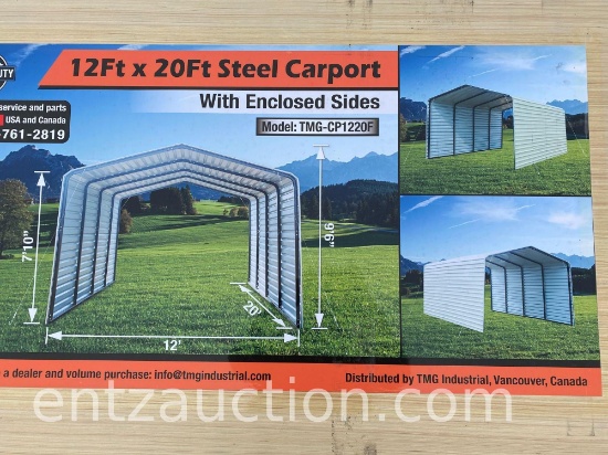 12' X 20' STEEL CARPORT WITH ENCLOSED SIDES,