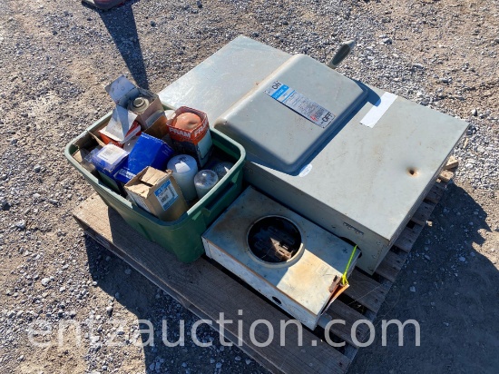 LOT OF OIL AND HYD. FILTERS, METER BOX