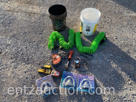 2 BUCKETS OF BALL LOCKS, TOOLS, WATER HOSES,