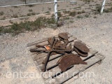 LOT OF 3 PULLEYS, CHISEL SHANKS & 20) TRACTOR TIRE