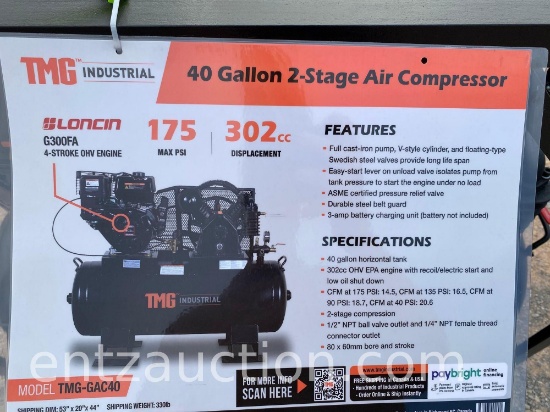 TMG 40 GALLON AIR COMPRESSOR, 2 STAGE, GAS, UNUSED